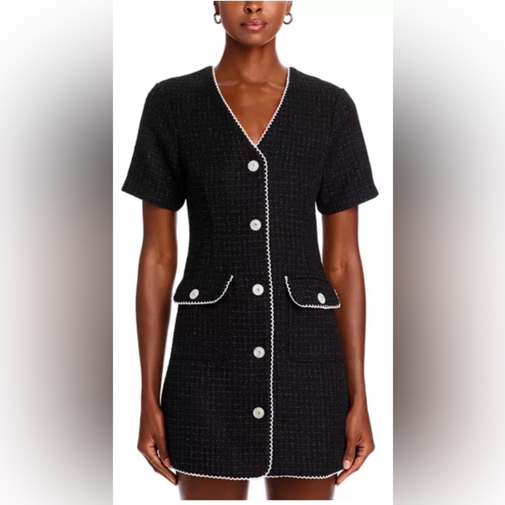 Aqua Tweed Lace Trim Short Sleeve Black Dress Size XS